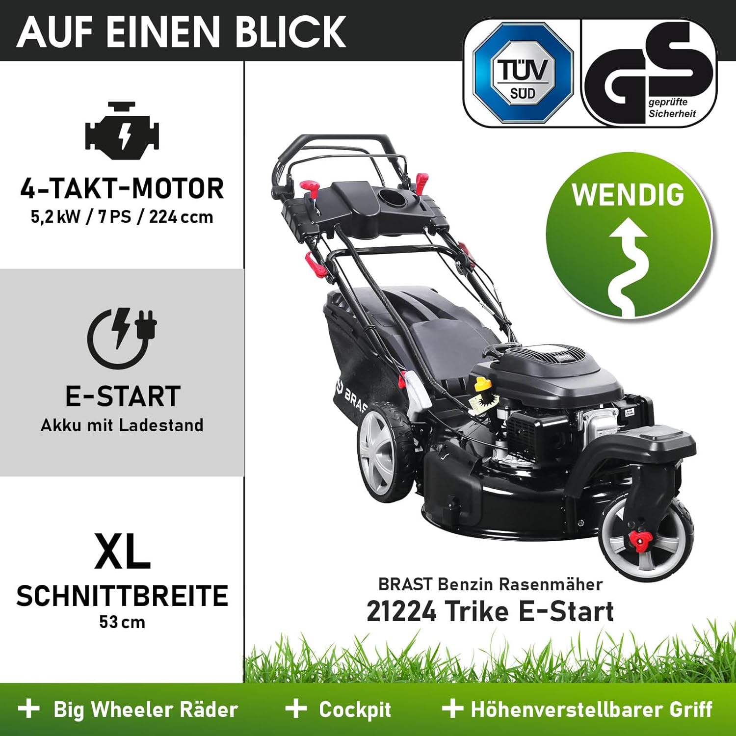 BRAST Benzin Rasenmäher Trike mit Antrieb | 5,2kW(7PS) | 53cm Schnittbreite | viele Modelle | TÜV | 4 Takt OHV Motor | 30-80mm Schnitthöhe | 60L Fangkorb | Stahlgehäuse | Speed