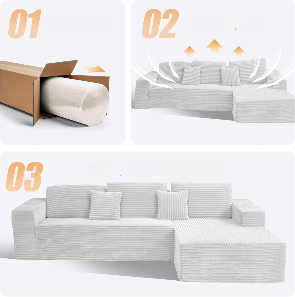 2026 110" Ecksofa ohne Stütze, Cloud Couch Ecksofa, L-förmiges modulares Cord-Ecksofa mit tiefer Sitzfläche, Polstersofa fürs Wohnzimmer, keine Montage erforderlich