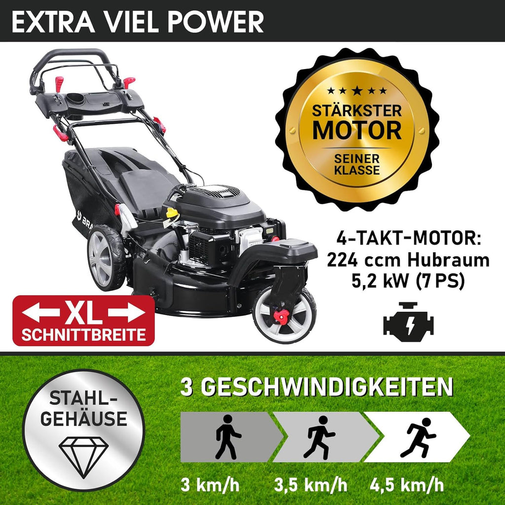 BRAST Benzin Rasenmäher Trike mit Antrieb | 5,2kW(7PS) | 53cm Schnittbreite | viele Modelle | TÜV | 4 Takt OHV Motor | 30-80mm Schnitthöhe | 60L Fangkorb | Stahlgehäuse | Speed