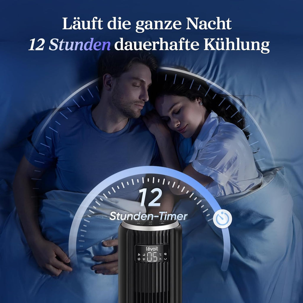 Levoit - DC Motor Tower Fan - 20 dB Sehr leiser Ventilator - 4 Modi/12 Stufen/12 Stunden Timer - Ventilator mit Fernbedienung und Kühlung - Tower Ventilator mit 7,9 m/s Geschwindigkeit - 26 W Standventilator