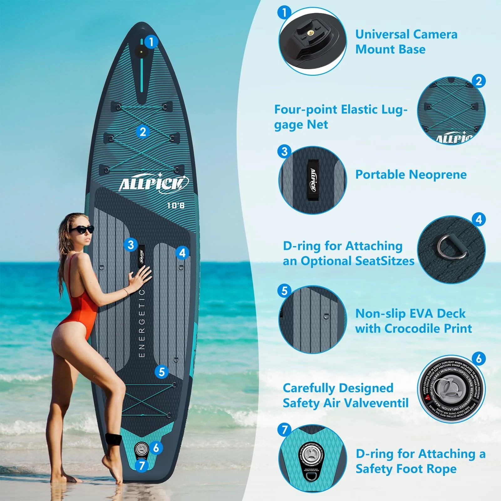 2026 ALLPICK Premium SUP Board Set, Stand Up Paddling Board Aufblasbar, Mit Universal Kamerahalterung, Komplettes Zubehör, Verstellbares Paddel, Anfänger, Fortgeschrittene, 180kg (Premium-Grün)