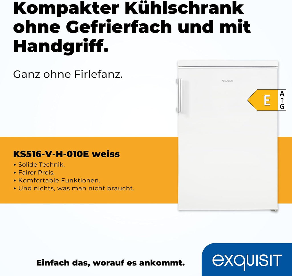 Exquisit Kühlschrank ohne Gefrierfach, 133 Liter, Vollraumkühlschrank freistehend, Türanschlag Wechselbar, KS516-V-H-010D weiss