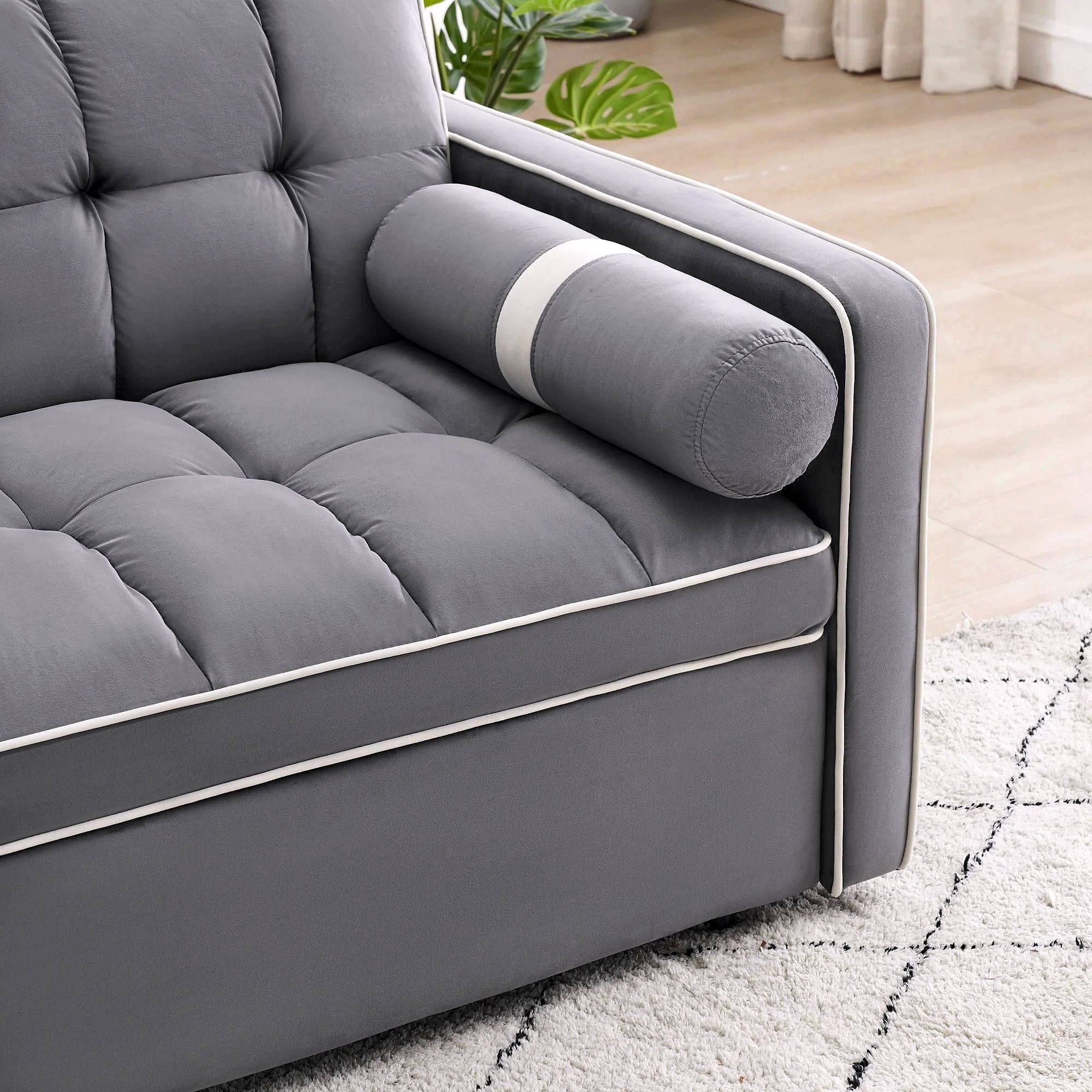 2026 3-in-1 Schlafsofa Couchbett, kleines umwandelbares Samt-Loveseat mit Ausziehbett, verstellbarer Rückenlehne, Zylinderkissen, Mehrfach-Taschen & Handyhalter – Grau, 55,5"