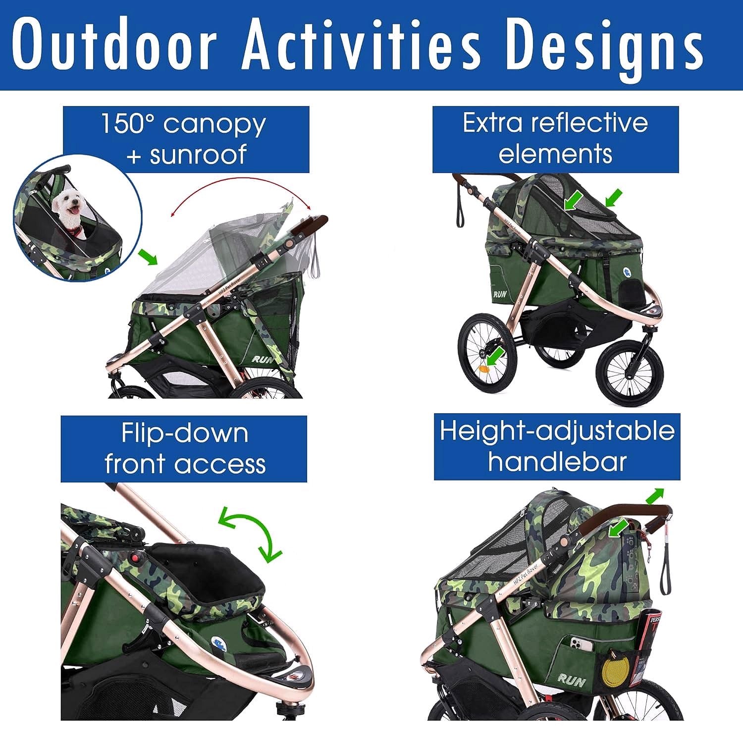2026 Jogging-Sport-Tierbuggy mit Komfort-Gummirädern / Reißverschlusslosem Einstieg / Einhand-Schnellfaltung / Aluminiumrahmen für kleine & mittelgroße Hunde, Katzen und Haustiere (Grün Camouflage)