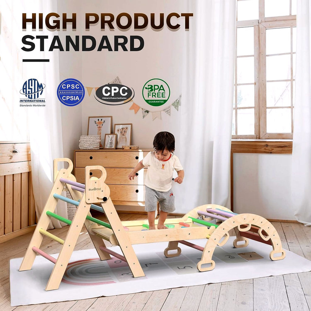 2026 Pikler-Dreieck Set 7-in-1 – Faltbares Baby-Kletterspielzeug aus Holz, Montessori Kletterset mit Bogen, Rampe & Leiter, Indoor Klettergerüst für Kleinkinder – Regenbogen