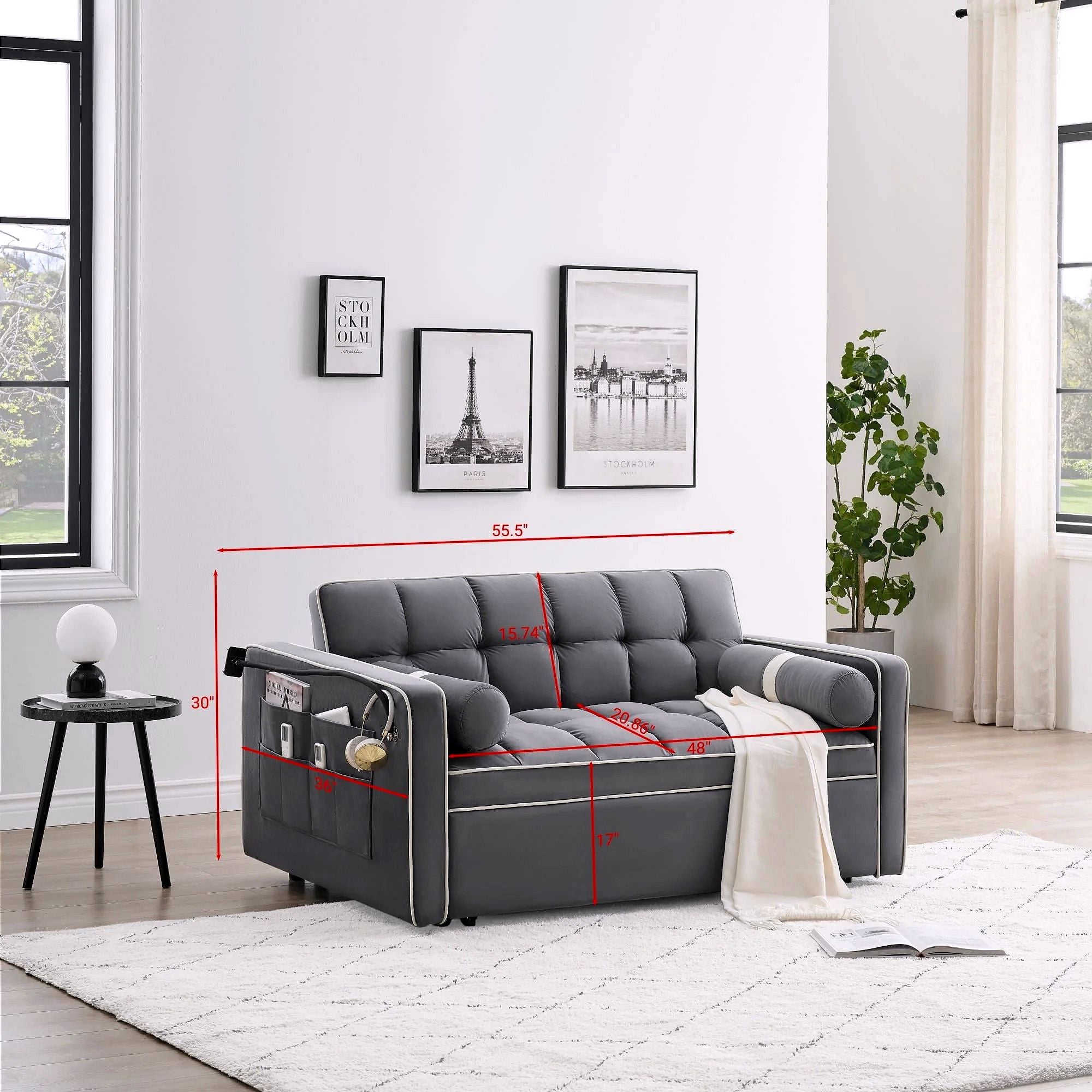 2026 3-in-1 Schlafsofa Couchbett, kleines umwandelbares Samt-Loveseat mit Ausziehbett, verstellbarer Rückenlehne, Zylinderkissen, Mehrfach-Taschen & Handyhalter – Grau, 55,5"