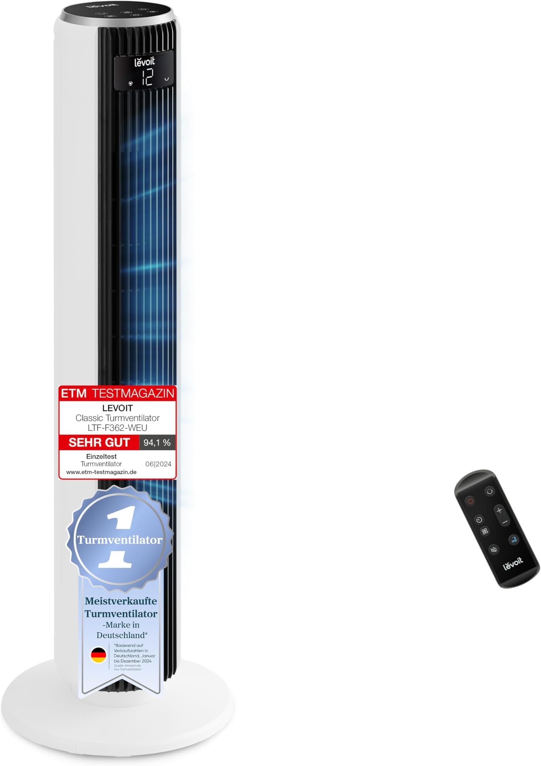 Levoit - DC Motor Tower Fan - 20 dB Sehr leiser Ventilator - 4 Modi/12 Stufen/12 Stunden Timer - Ventilator mit Fernbedienung und Kühlung - Tower Ventilator mit 7,9 m/s Geschwindigkeit - 26 W Standventilator