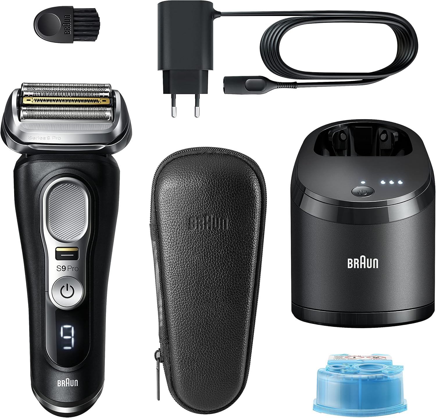 Braun Series 9 Pro Premium Rasierer Herren mit 4 1 Scherkopf, Elektrorasierer & ProLift Trimmer, PowerCase, 5-in-1 Reinigungsstation, 60 Min Laufzeit, Made in Germany, 9477cc, silber