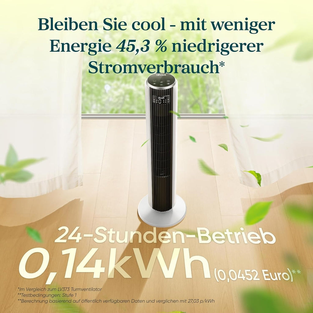 Levoit - DC Motor Tower Fan - 20 dB Sehr leiser Ventilator - 4 Modi/12 Stufen/12 Stunden Timer - Ventilator mit Fernbedienung und Kühlung - Tower Ventilator mit 7,9 m/s Geschwindigkeit - 26 W Standventilator