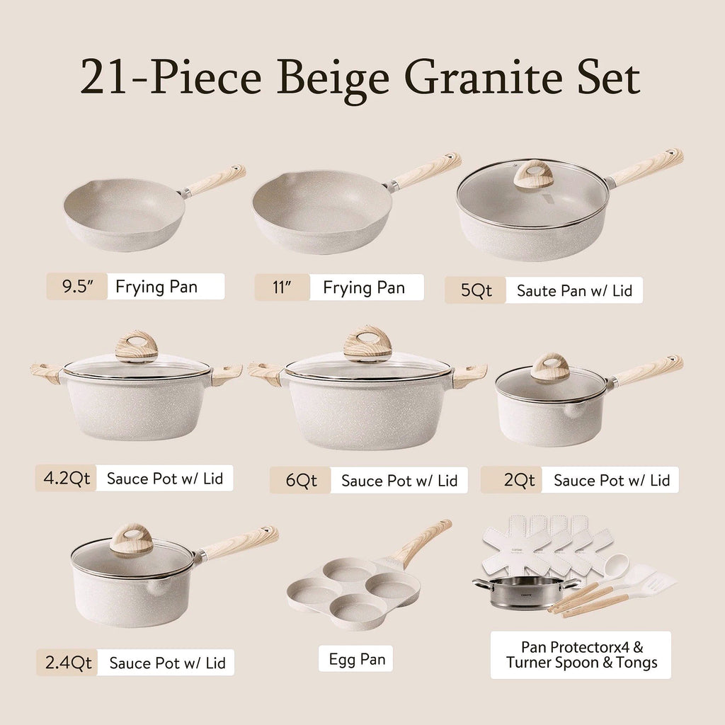 2026 CAROTE Antihaft-Töpfe- und Pfannenset, 21-teiliges Induktions-Kochgeschirr (Beige Granit)