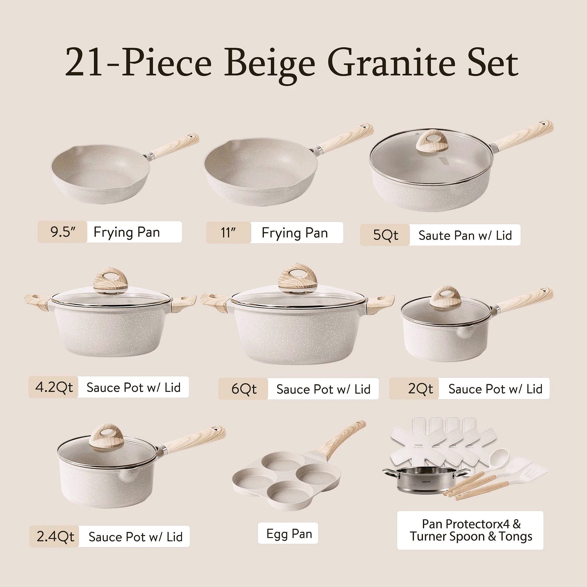 2026 CAROTE Antihaft-Töpfe- und Pfannenset, 21-teiliges Induktions-Kochgeschirr (Beige Granit)
