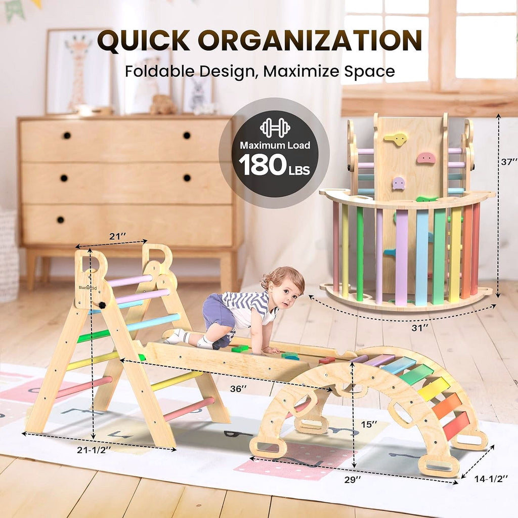 2026 Pikler-Dreieck Set 7-in-1 – Faltbares Baby-Kletterspielzeug aus Holz, Montessori Kletterset mit Bogen, Rampe & Leiter, Indoor Klettergerüst für Kleinkinder – Regenbogen