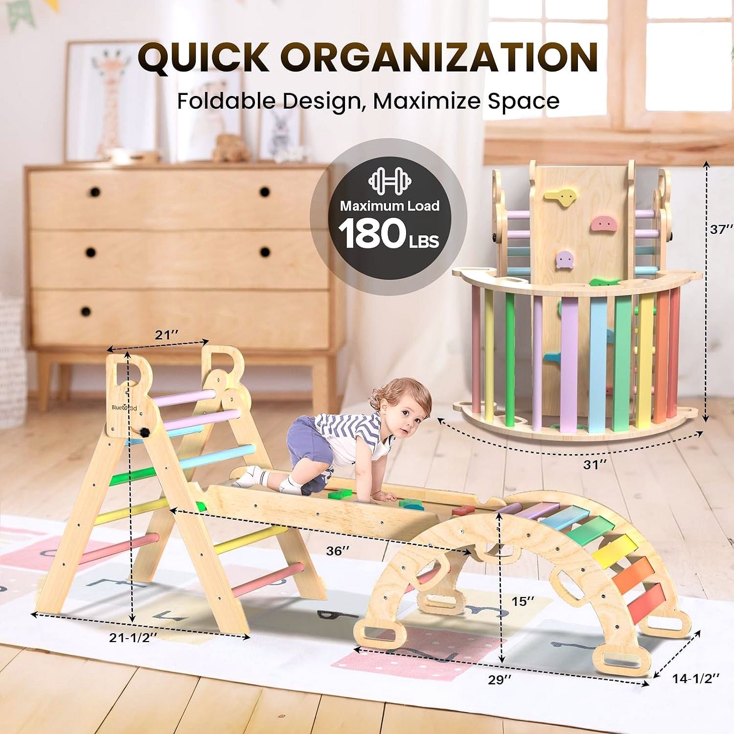 2026 Pikler-Dreieck Set 7-in-1 – Faltbares Baby-Kletterspielzeug aus Holz, Montessori Kletterset mit Bogen, Rampe & Leiter, Indoor Klettergerüst für Kleinkinder – Regenbogen