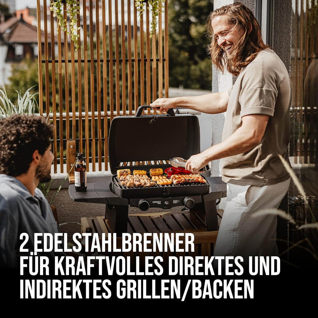 EndersGasgrill Urban II Pro, Tischgrill, Grillen-, Kochen- und Backen Funktion, 2 Brenner Edelstahl, mit Grill-Thermometer, Balkon-, Camping-Grill, Aluguss-Gehäuse, Gusseisen-Rost, #2062