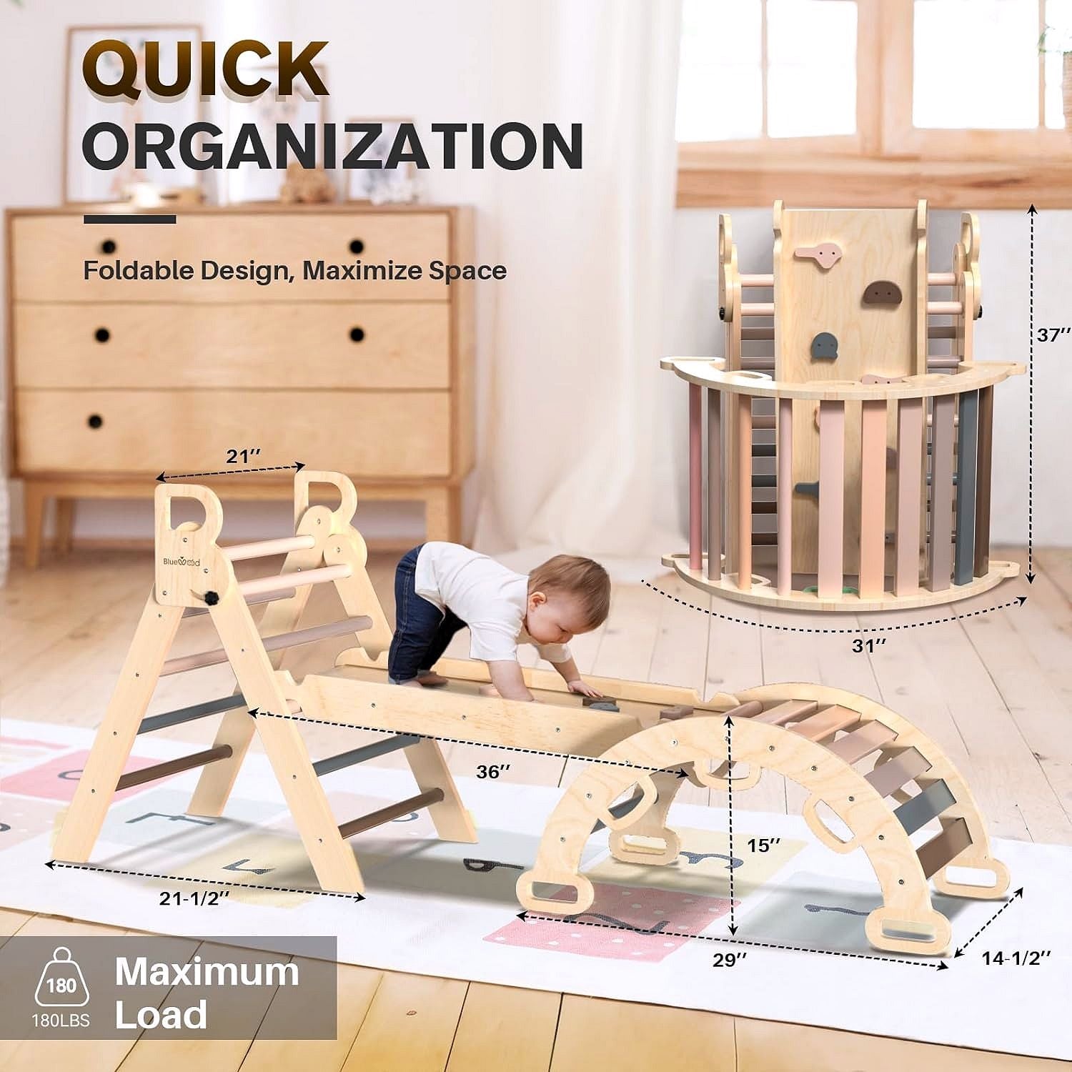 2026 Pikler-Dreieck Set 7-in-1 – Faltbares Baby-Kletterspielzeug aus Holz, Montessori Kletterset mit Bogen, Rampe & Leiter, Indoor Klettergerüst für Kleinkinder – Regenbogen