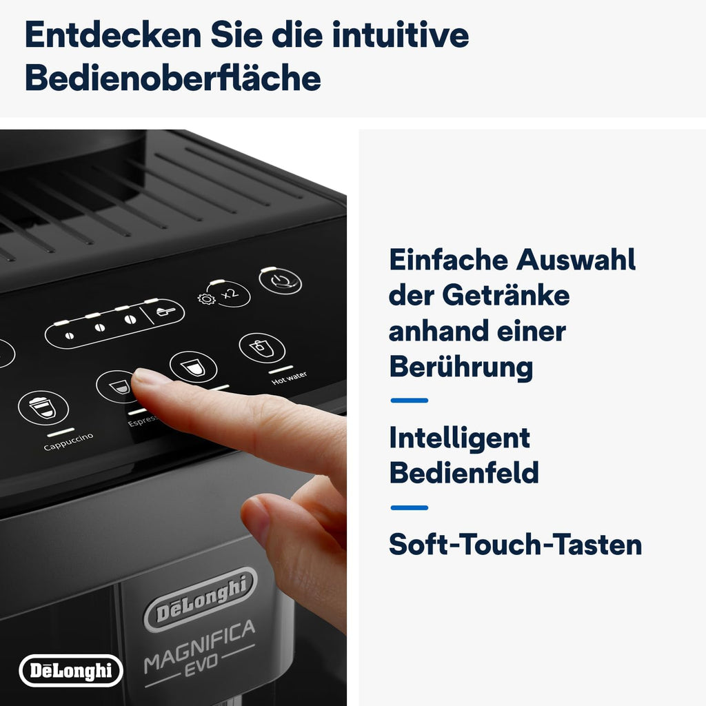 De'Longhi Magnifica Evo ECAM 292.81.B Kaffeevollautomat mit LatteCrema Milchsystem, 7 Direktwahltasten für Cappuccino, Espresso und weitere Kaffeespezialitäten, 2-Tassen-Funktion, Schwarz