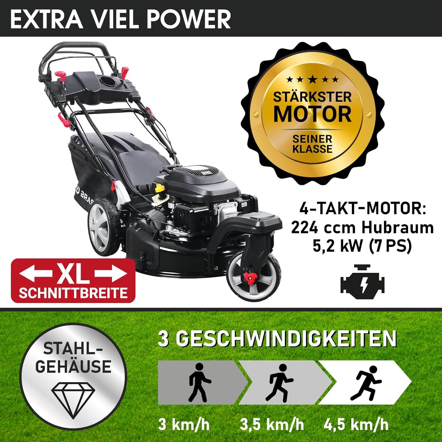 BRAST Benzin Rasenmäher Trike mit Antrieb | 5,2kW(7PS) | 53cm Schnittbreite | viele Modelle | TÜV | 4 Takt OHV Motor | 30-80mm Schnitthöhe | 60L Fangkorb | Stahlgehäuse | Speed