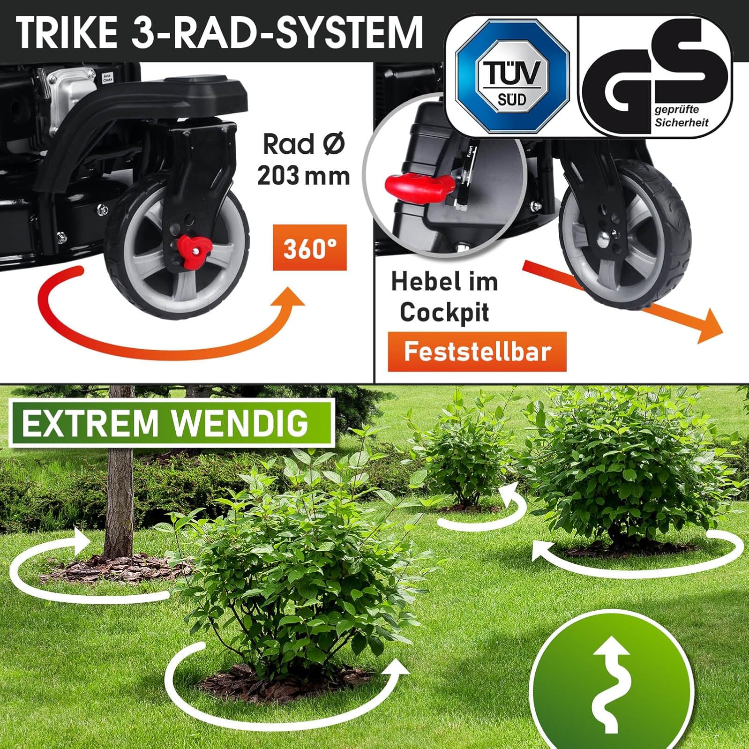 BRAST Benzin Rasenmäher Trike mit Antrieb | 5,2kW(7PS) | 53cm Schnittbreite | viele Modelle | TÜV | 4 Takt OHV Motor | 30-80mm Schnitthöhe | 60L Fangkorb | Stahlgehäuse | Speed