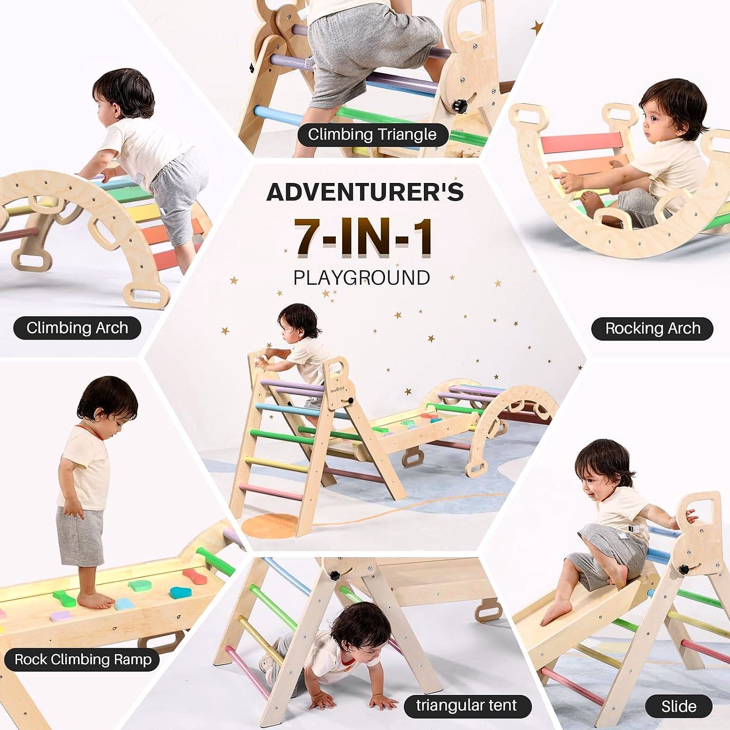 2026 Pikler-Dreieck Set 7-in-1 – Faltbares Baby-Kletterspielzeug aus Holz, Montessori Kletterset mit Bogen, Rampe & Leiter, Indoor Klettergerüst für Kleinkinder – Regenbogen