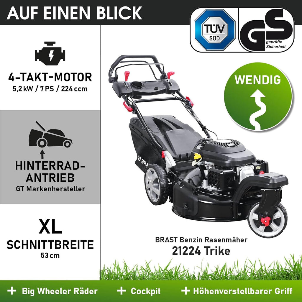 BRAST Benzin Rasenmäher Trike mit Antrieb | 5,2kW(7PS) | 53cm Schnittbreite | viele Modelle | TÜV | 4 Takt OHV Motor | 30-80mm Schnitthöhe | 60L Fangkorb | Stahlgehäuse | Speed