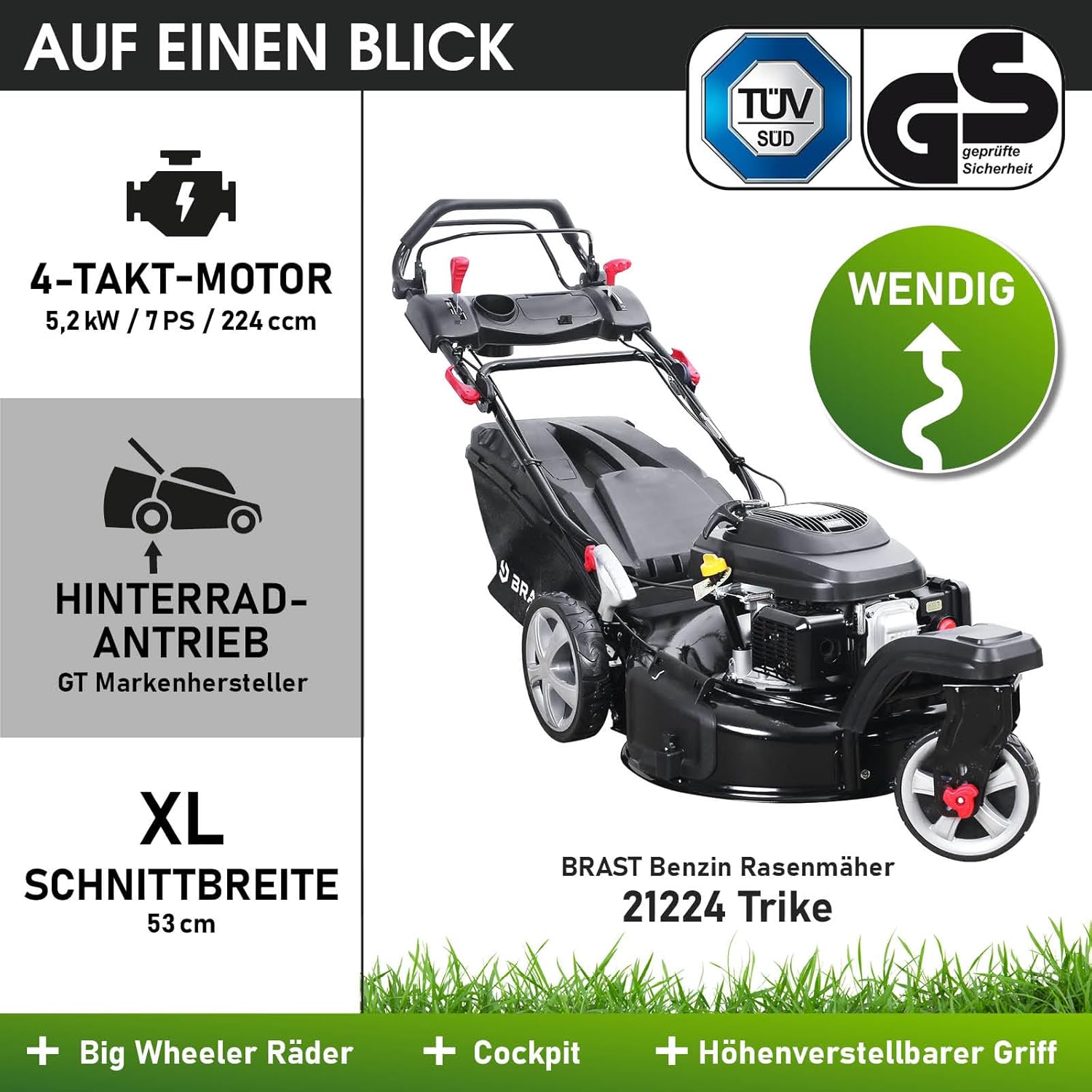 BRAST Benzin Rasenmäher Trike mit Antrieb | 5,2kW(7PS) | 53cm Schnittbreite | viele Modelle | TÜV | 4 Takt OHV Motor | 30-80mm Schnitthöhe | 60L Fangkorb | Stahlgehäuse | Speed
