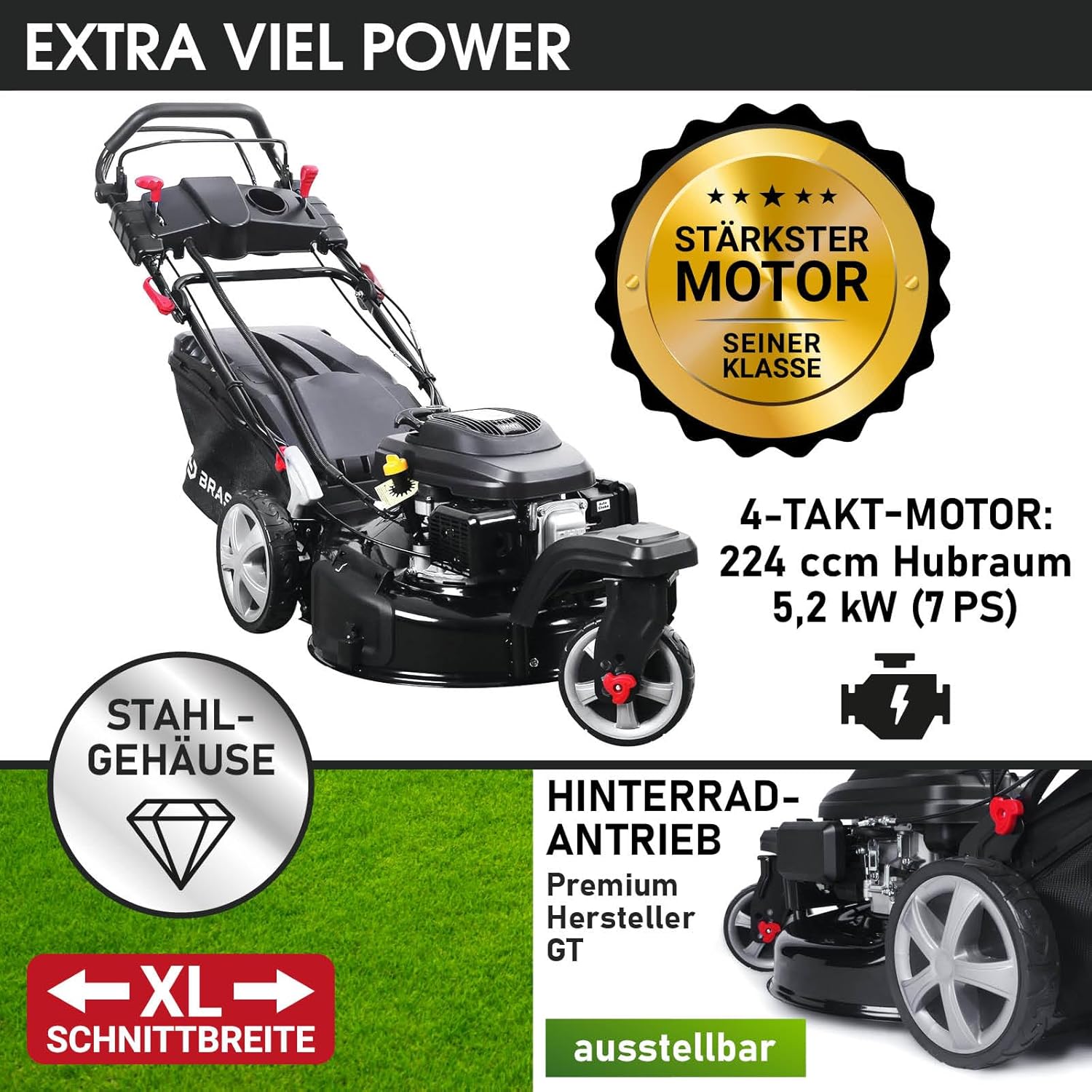 BRAST Benzin Rasenmäher Trike mit Antrieb | 5,2kW(7PS) | 53cm Schnittbreite | viele Modelle | TÜV | 4 Takt OHV Motor | 30-80mm Schnitthöhe | 60L Fangkorb | Stahlgehäuse | Speed