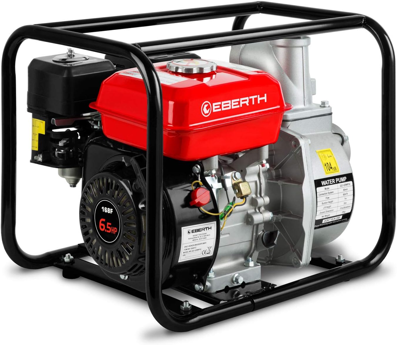 EBERTH 5,5PS Wasserpumpe mit 30.000l/h und 30m Förderhöhe, 2 Zoll Anschluss, Gartenpumpe Schmutzwasserpumpe mit 4-Takt-Motor und 7m Ansaughöhe, Benzin Pumpe, Seilzugstart, Metallfuß, Tragegriff